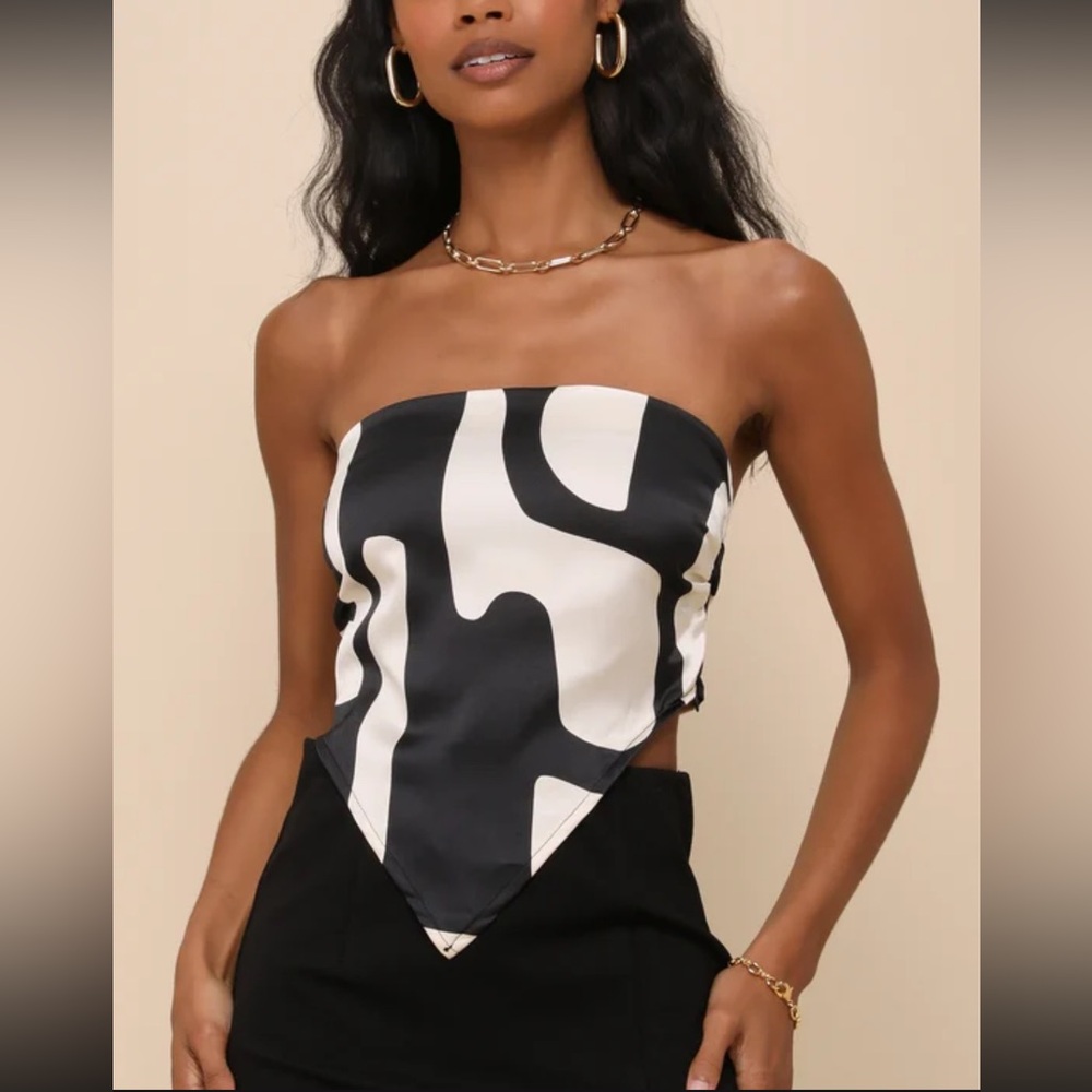 Iris Black and Ivory Abstract Satin Strapless Handkerchief Top